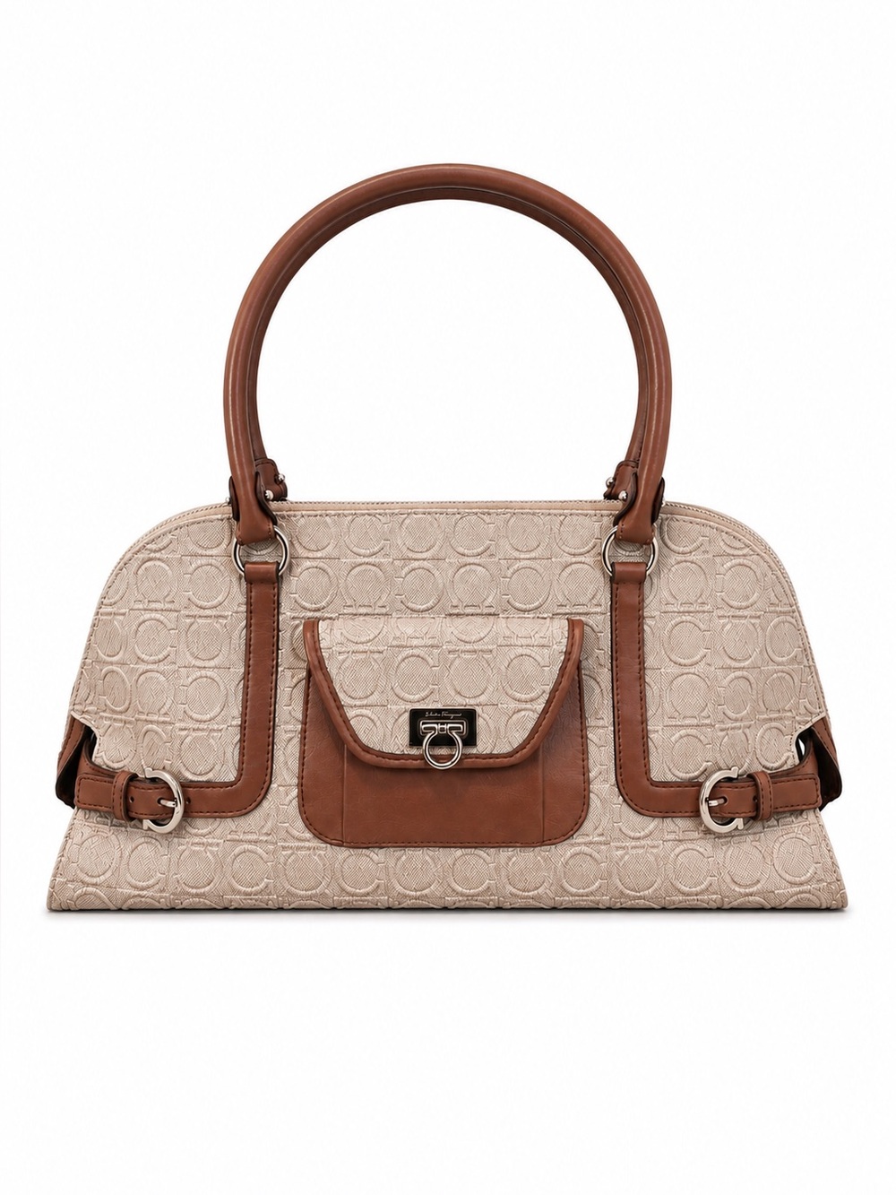 Salvatore Ferragamo Gancini Canvas & Leather Satchel Handbag Beige Brown Italy